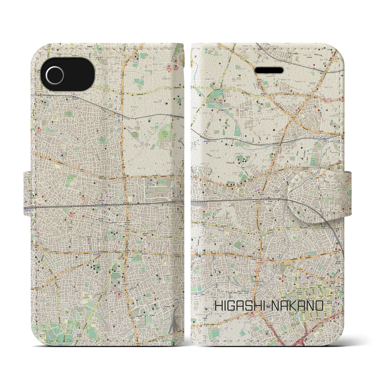 【東中野2(東京都)】地図柄iPhoneケース(手帳タイプ)ナチュラル・iPhone SE(第3 / 第2世代) / 8 / 7 / 6s / 6 用
