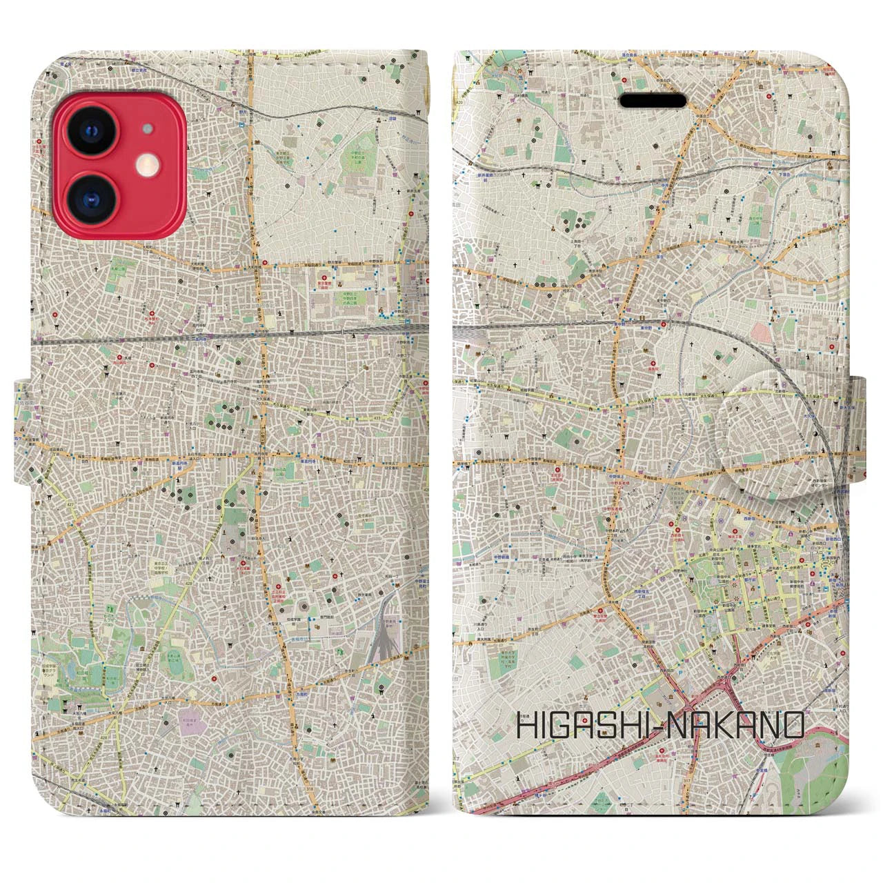 【東中野(東京都)】地図柄iPhoneケース(手帳タイプ)ナチュラル・iPhone 11 用