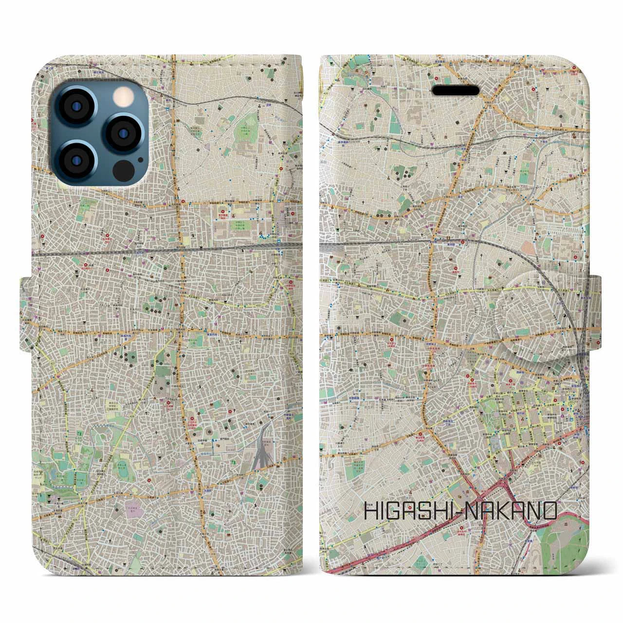 【東中野(東京都)】地図柄iPhoneケース(手帳タイプ)ナチュラル・iPhone 12 / 12 Pro 用
