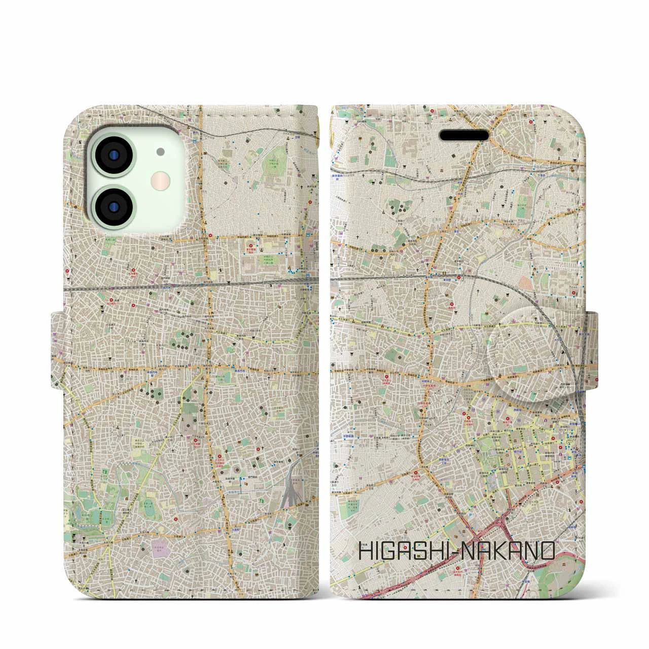 【東中野(東京都)】地図柄iPhoneケース(手帳タイプ)ナチュラル・iPhone 12 mini 用