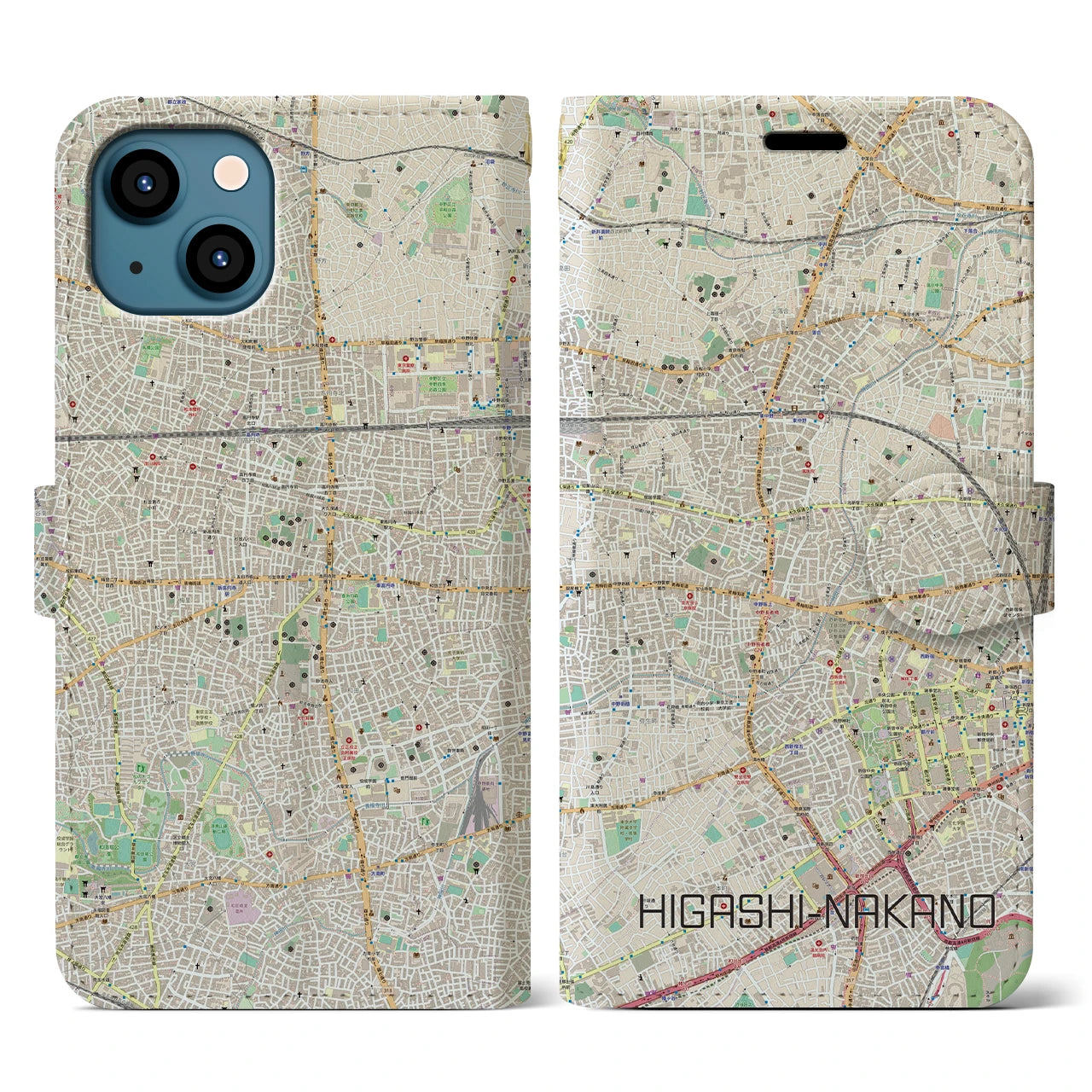 【東中野(東京都)】地図柄iPhoneケース(手帳タイプ)ナチュラル・iPhone 13 用