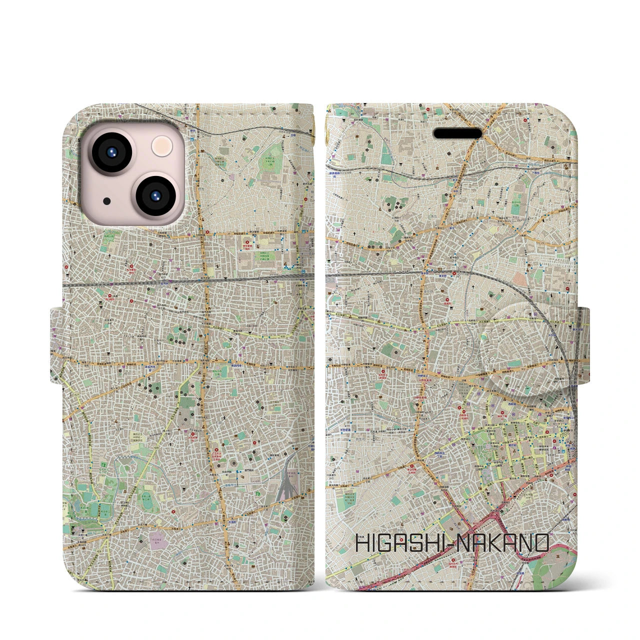【東中野(東京都)】地図柄iPhoneケース(手帳タイプ)ナチュラル・iPhone 13 mini 用