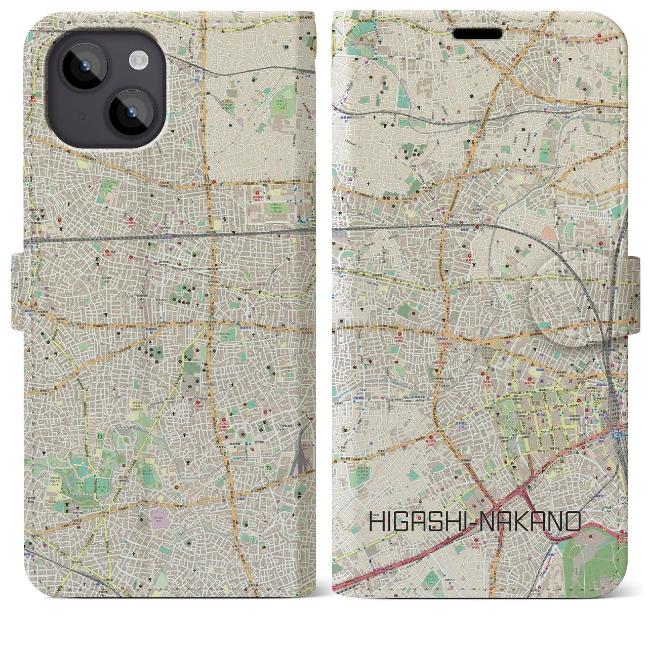 【東中野(東京都)】地図柄iPhoneケース(手帳タイプ)ナチュラル・iPhone 14 Plus 用