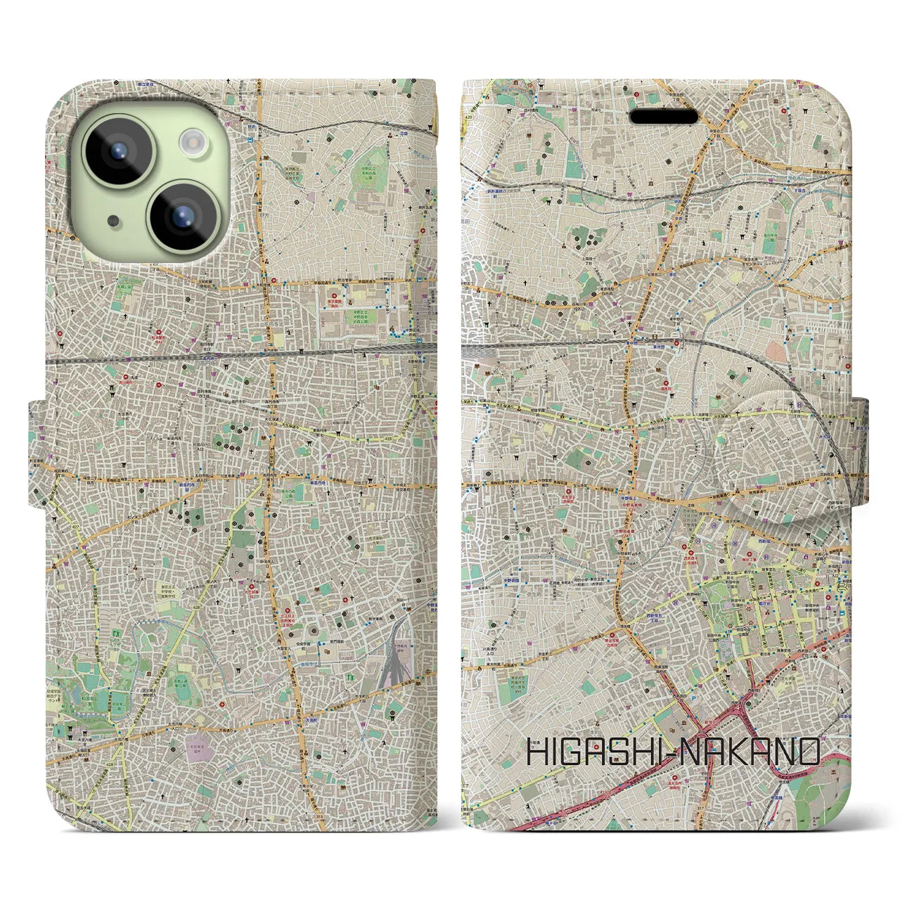 【東中野(東京都)】地図柄iPhoneケース(手帳タイプ)ナチュラル・iPhone 15 用