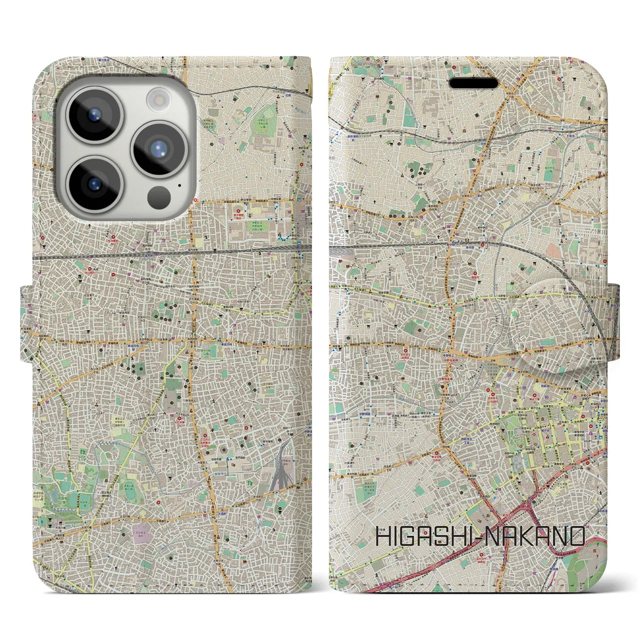 【東中野(東京都)】地図柄iPhoneケース(手帳タイプ)ナチュラル・iPhone 15 Pro 用