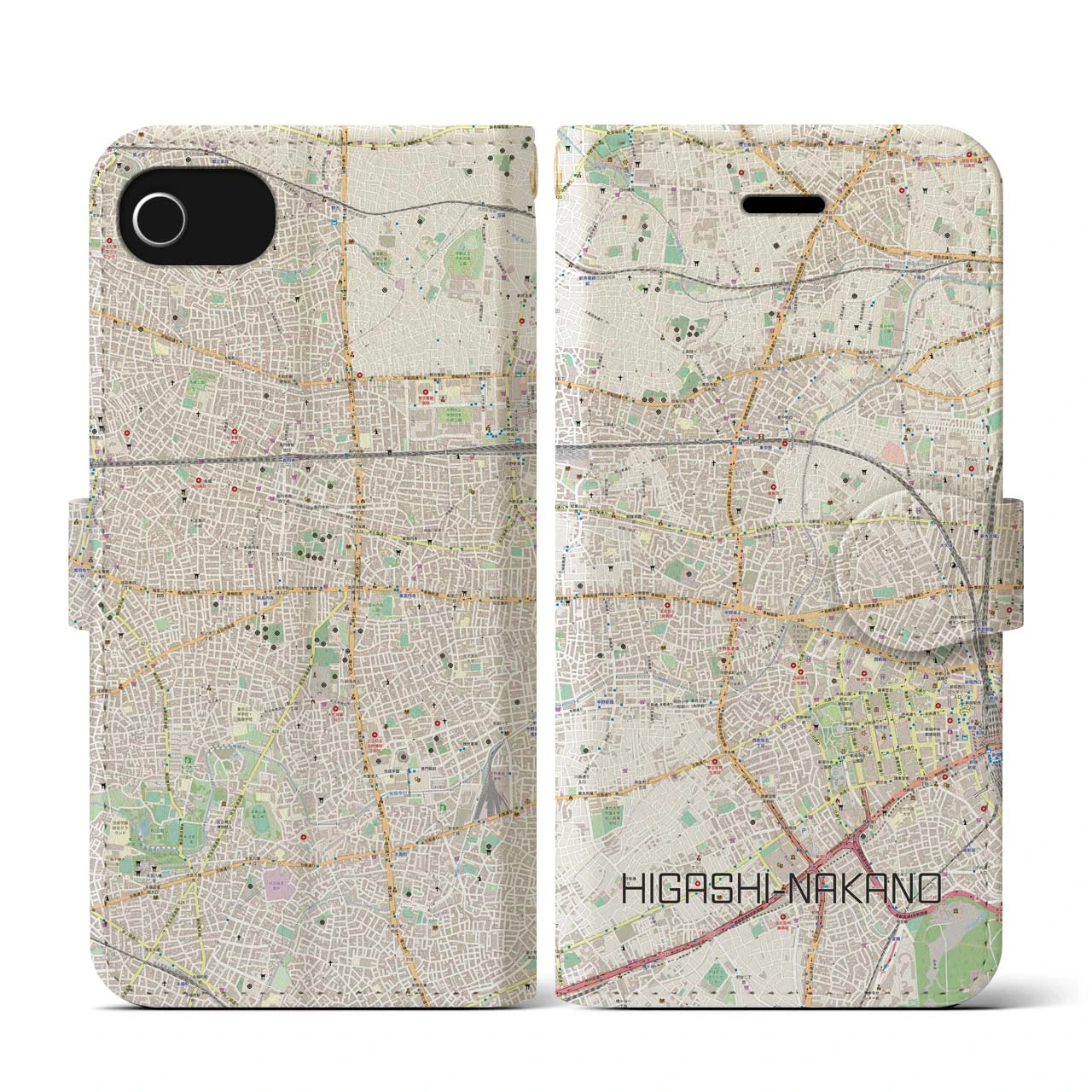 【東中野(東京都)】地図柄iPhoneケース(手帳タイプ)ナチュラル・iPhone SE(第3 / 第2世代) / 8 / 7 / 6s / 6 用