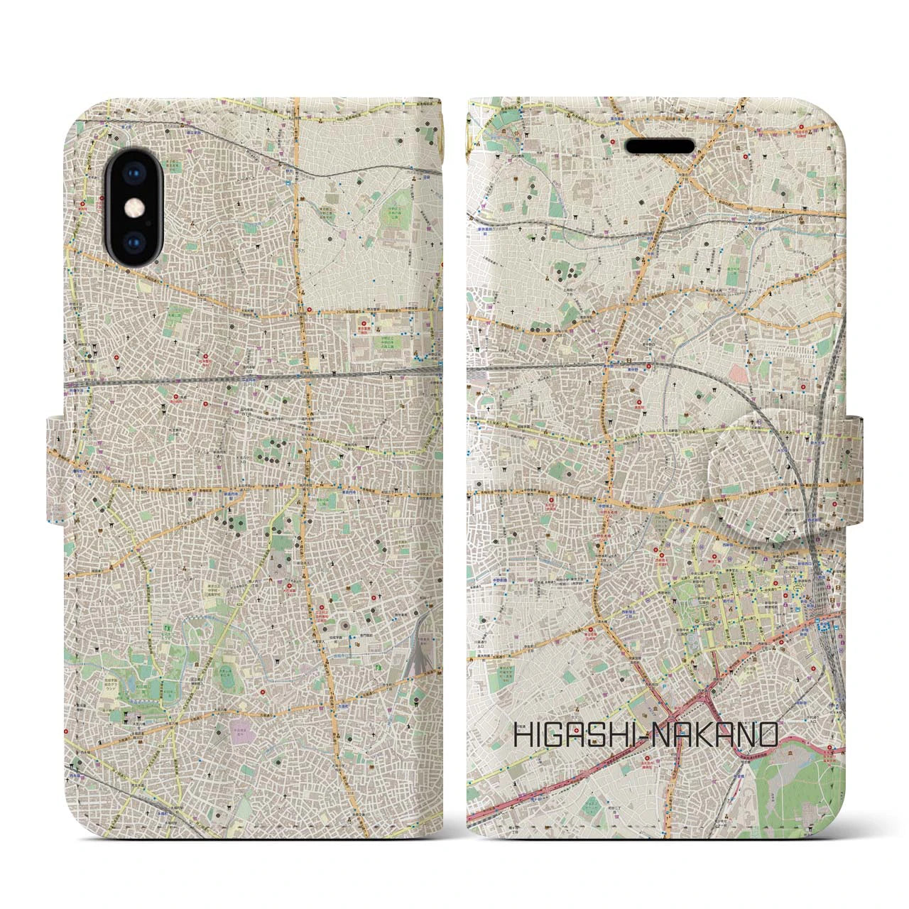 【東中野(東京都)】地図柄iPhoneケース(手帳タイプ)ナチュラル・iPhone XS / X 用