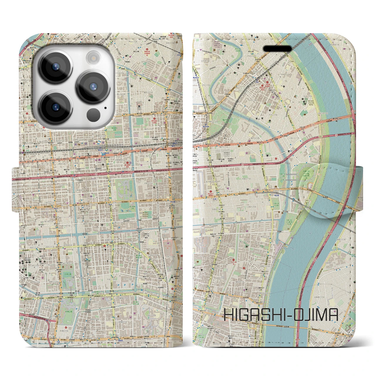 【東大島(東京都)】地図柄iPhoneケース(手帳タイプ)ナチュラル・iPhone 14 Pro 用