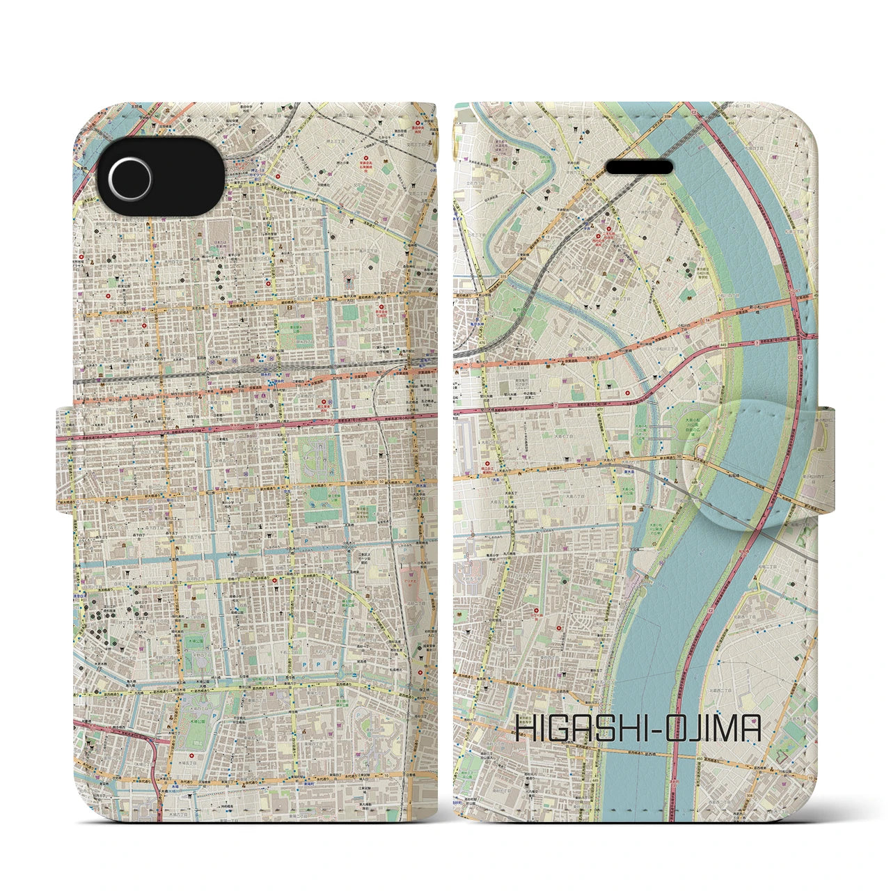 【東大島(東京都)】地図柄iPhoneケース(手帳タイプ)ナチュラル・iPhone SE(第3 / 第2世代) / 8 / 7 / 6s / 6 用