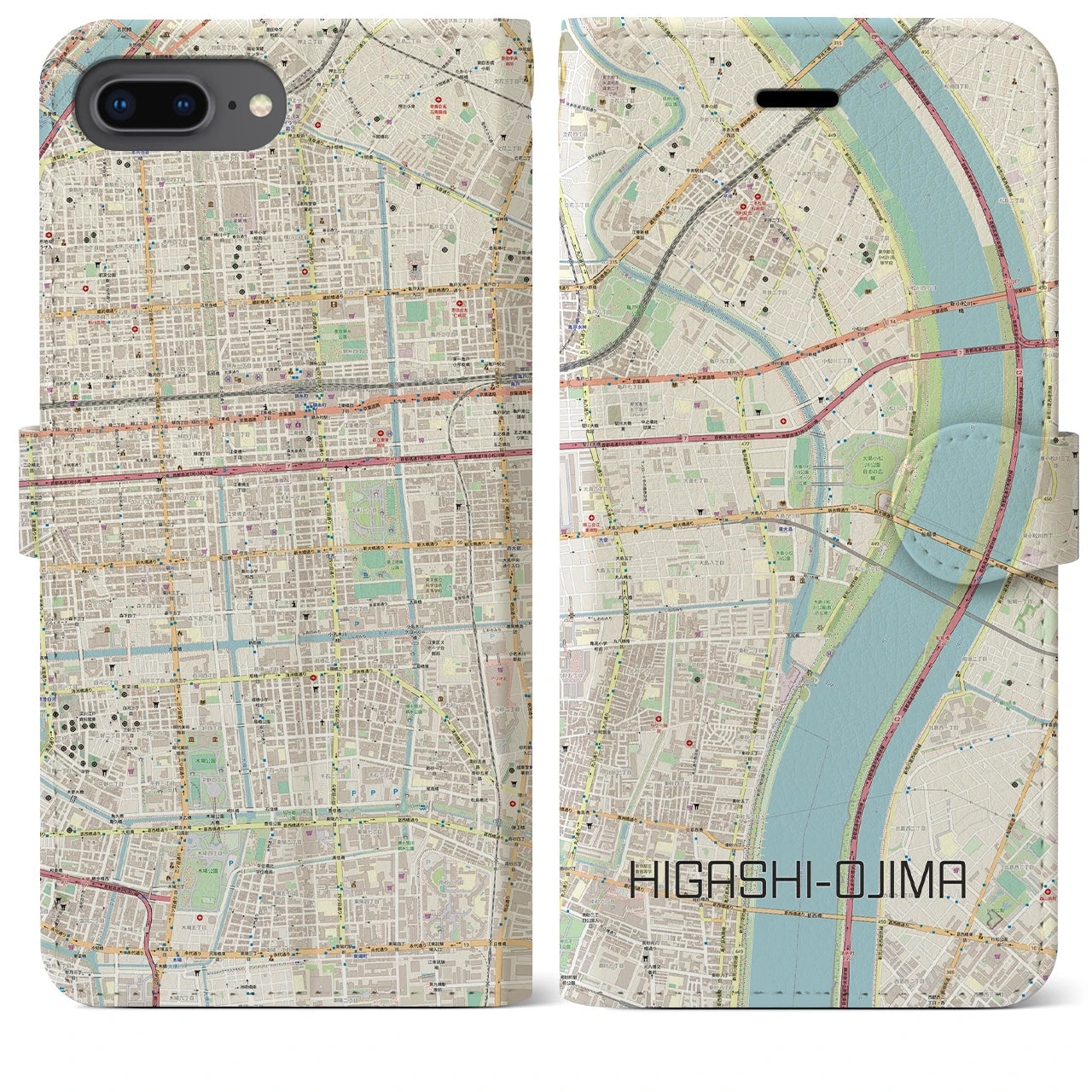 【東大島(東京都)】地図柄iPhoneケース(手帳タイプ)ナチュラル・iPhone 8Plus /7Plus / 6sPlus / 6Plus 用