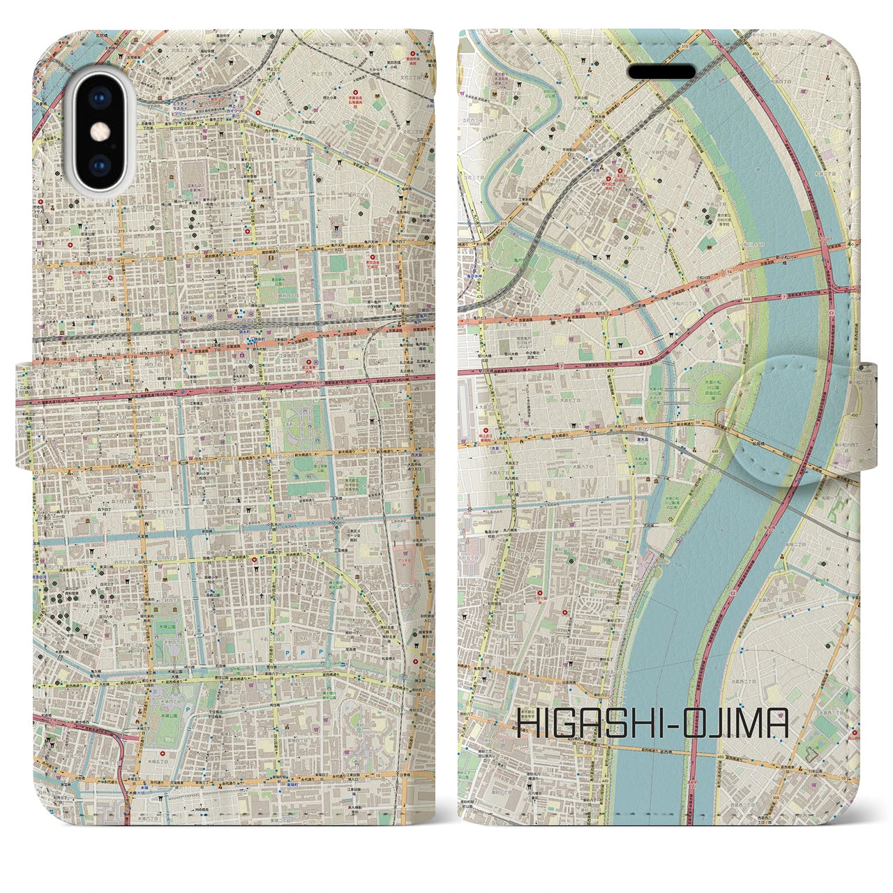 【東大島(東京都)】地図柄iPhoneケース(手帳タイプ)ナチュラル・iPhone XS Max 用