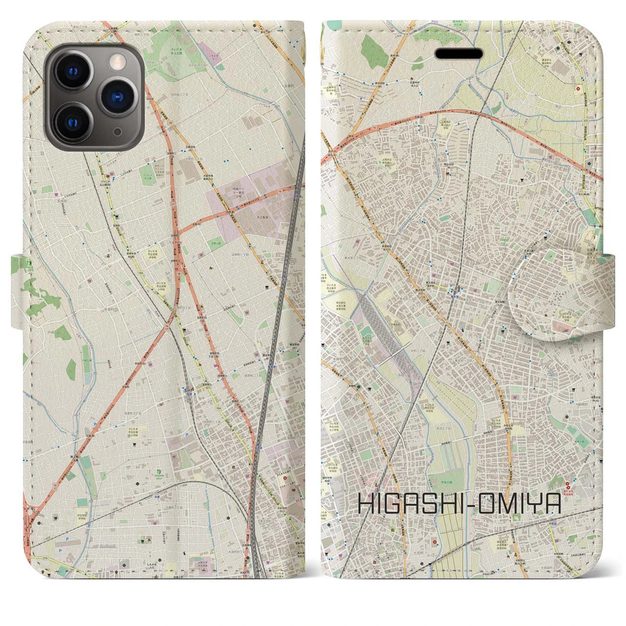 【東大宮(埼玉県)】地図柄iPhoneケース(手帳タイプ)ナチュラル・iPhone 11 Pro Max 用