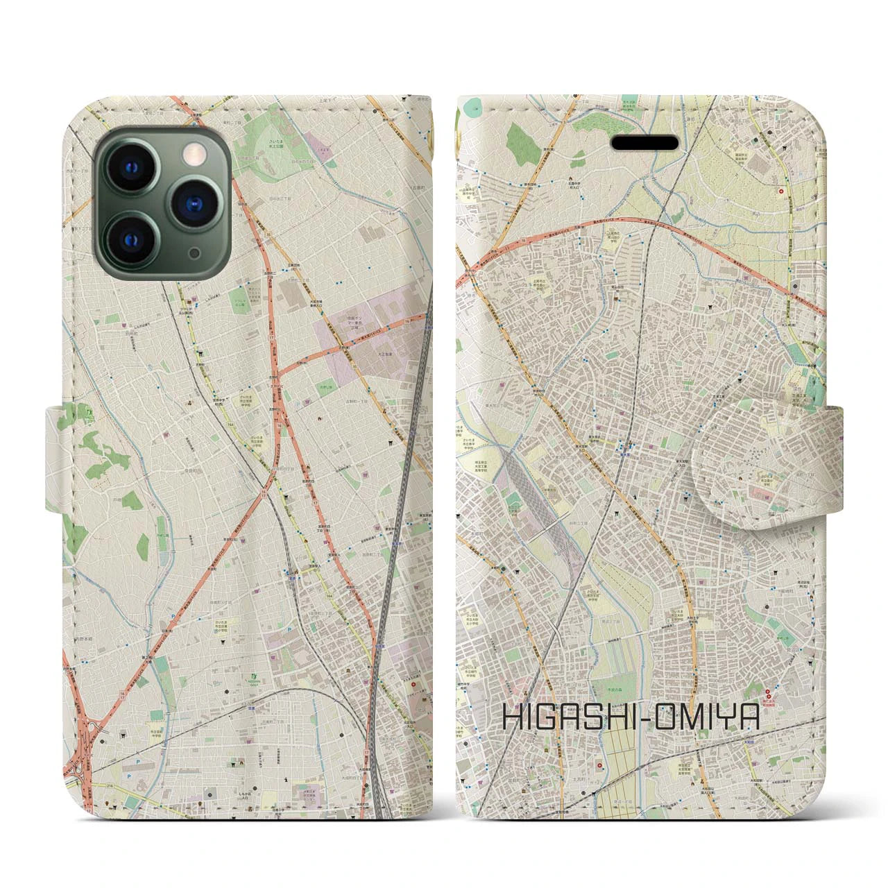 【東大宮(埼玉県)】地図柄iPhoneケース(手帳タイプ)ナチュラル・iPhone 11 Pro 用