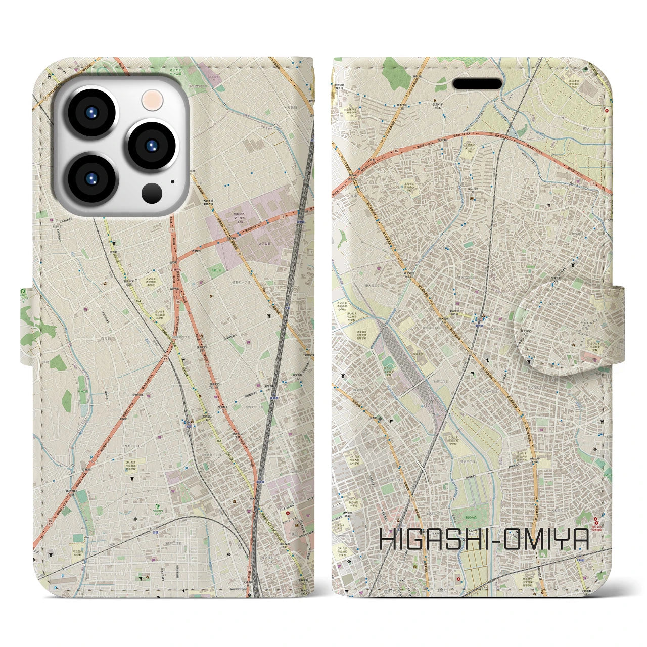 【東大宮(埼玉県)】地図柄iPhoneケース(手帳タイプ)ナチュラル・iPhone 13 Pro 用