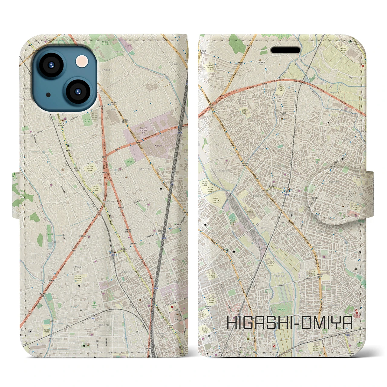 【東大宮(埼玉県)】地図柄iPhoneケース(手帳タイプ)ナチュラル・iPhone 13 用