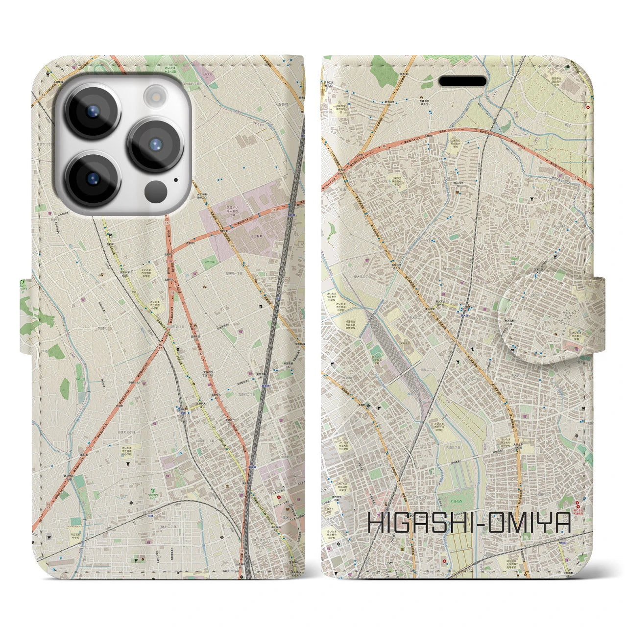 【東大宮(埼玉県)】地図柄iPhoneケース(手帳タイプ)ナチュラル・iPhone 14 Pro 用