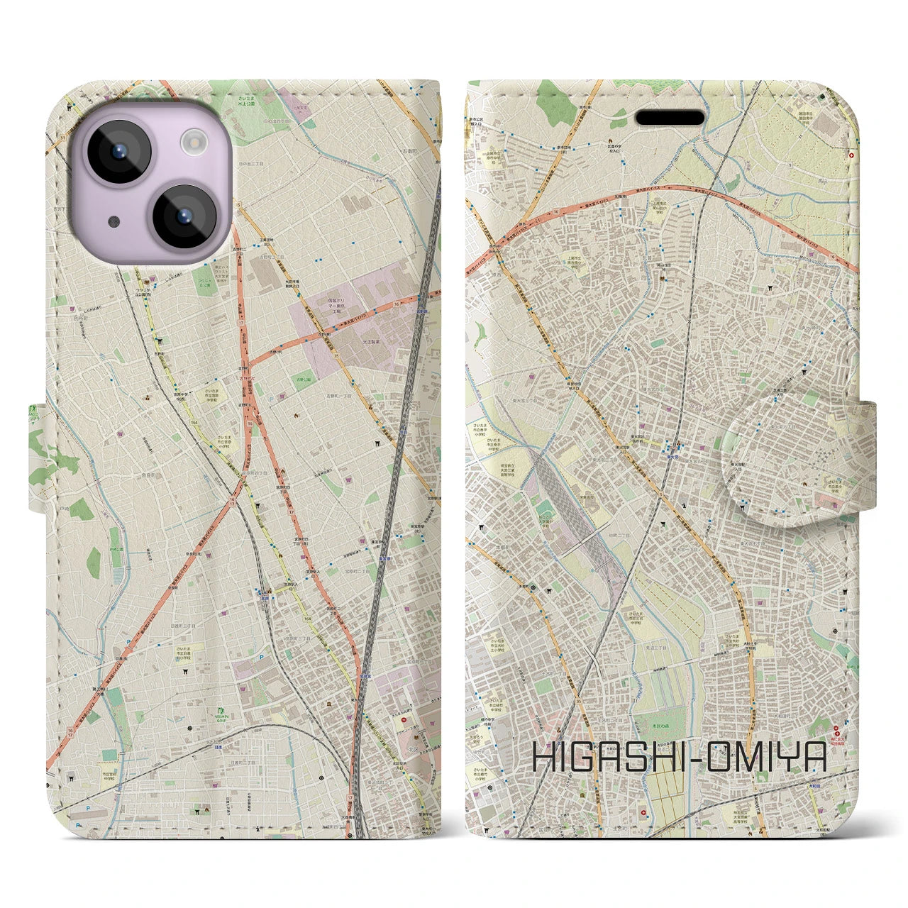 【東大宮(埼玉県)】地図柄iPhoneケース(手帳タイプ)ナチュラル・iPhone 14 用