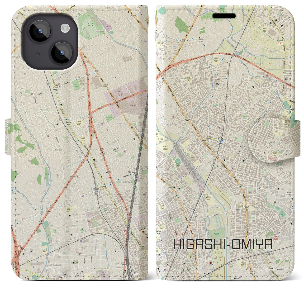 【東大宮(埼玉県)】地図柄iPhoneケース(手帳タイプ)ナチュラル・iPhone 14 Plus 用