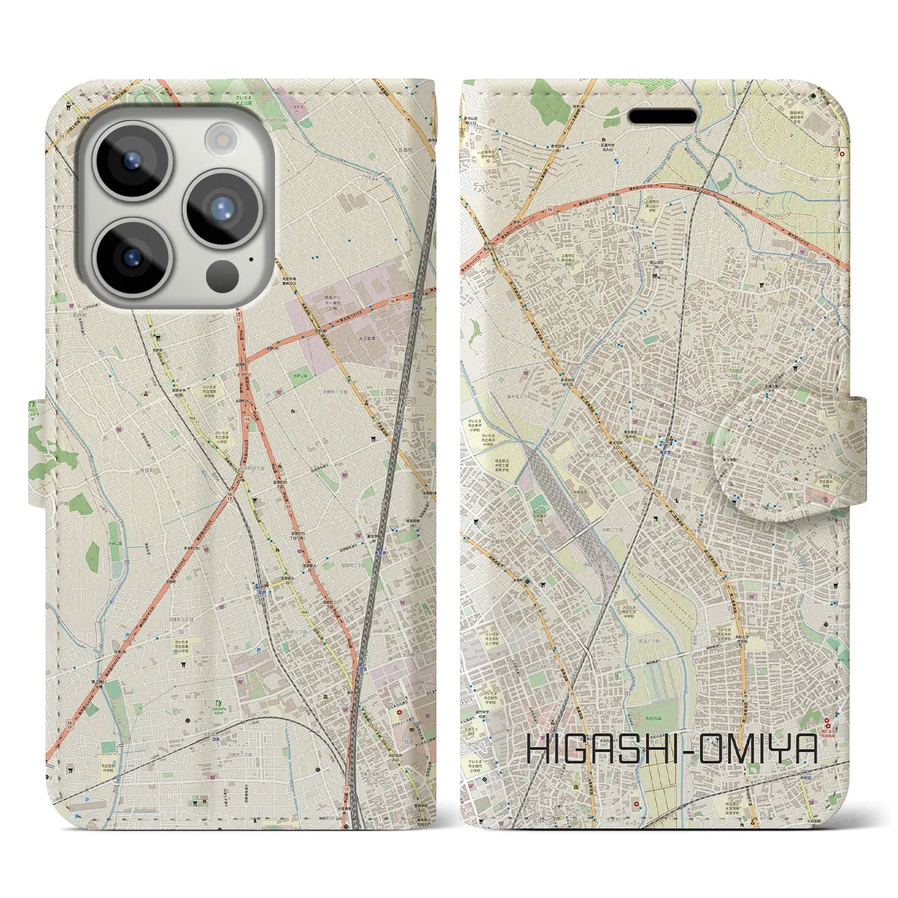 【東大宮(埼玉県)】地図柄iPhoneケース(手帳タイプ)ナチュラル・iPhone 15 Pro 用