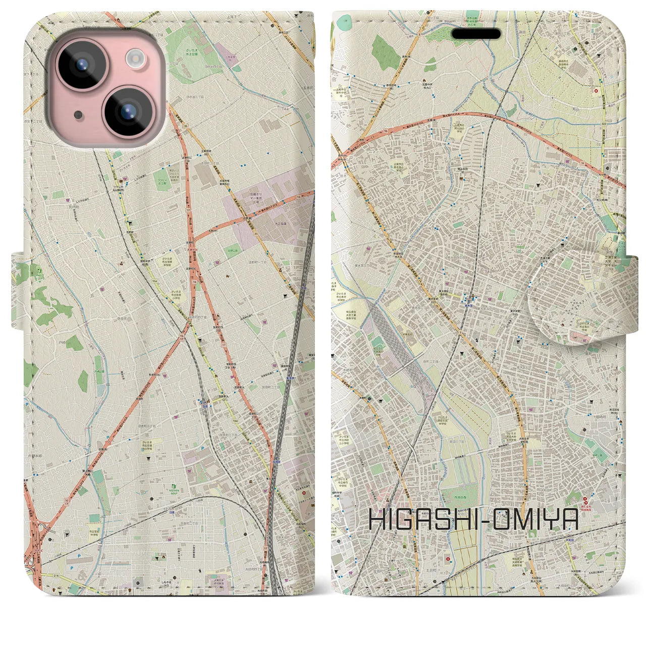【東大宮(埼玉県)】地図柄iPhoneケース(手帳タイプ)ナチュラル・iPhone 15 Plus 用