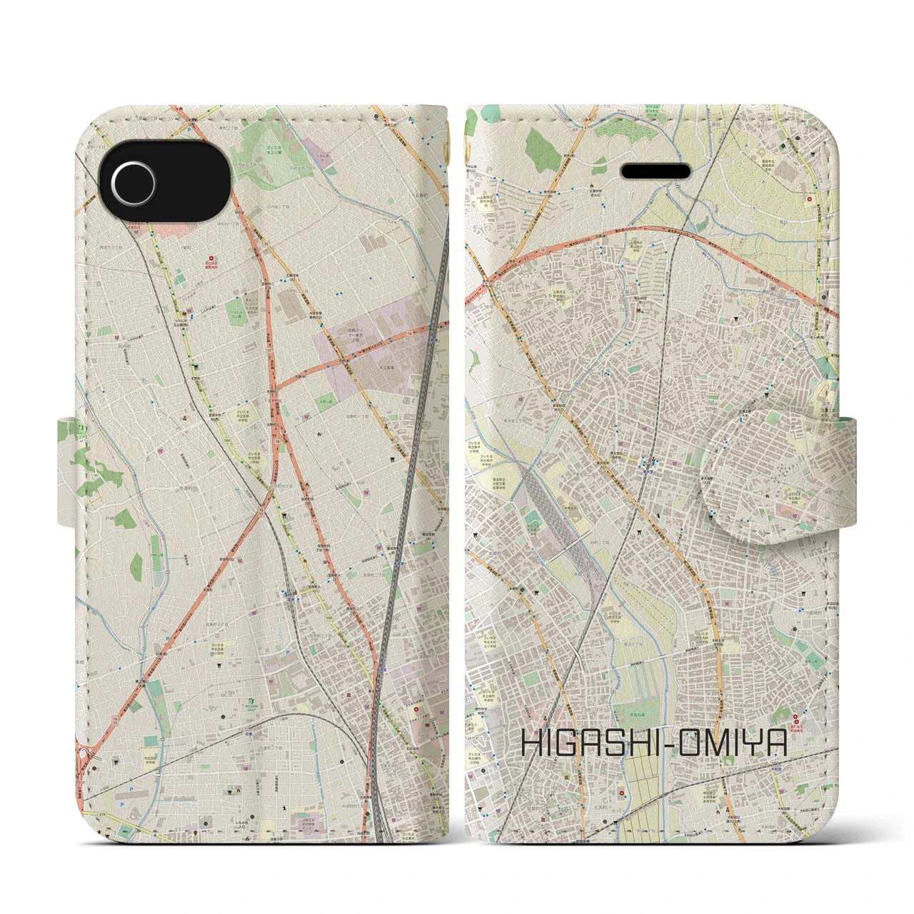 【東大宮(埼玉県)】地図柄iPhoneケース(手帳タイプ)ナチュラル・iPhone SE(第3 / 第2世代) / 8 / 7 / 6s / 6 用
