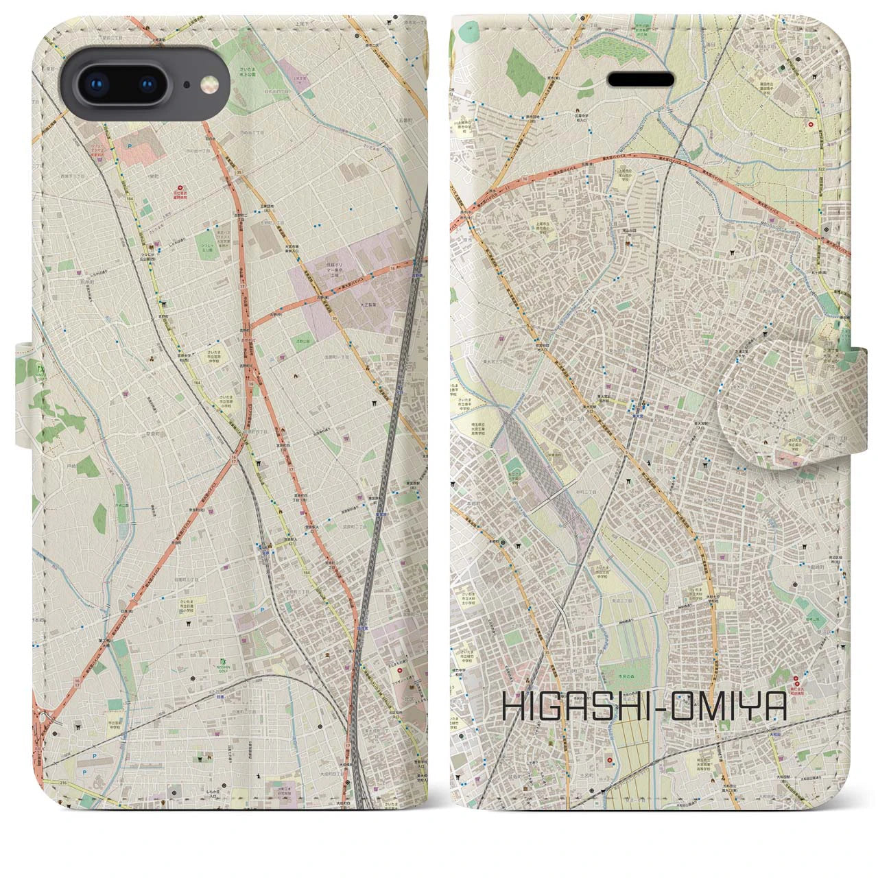 【東大宮(埼玉県)】地図柄iPhoneケース(手帳タイプ)ナチュラル・iPhone 8Plus /7Plus / 6sPlus / 6Plus 用