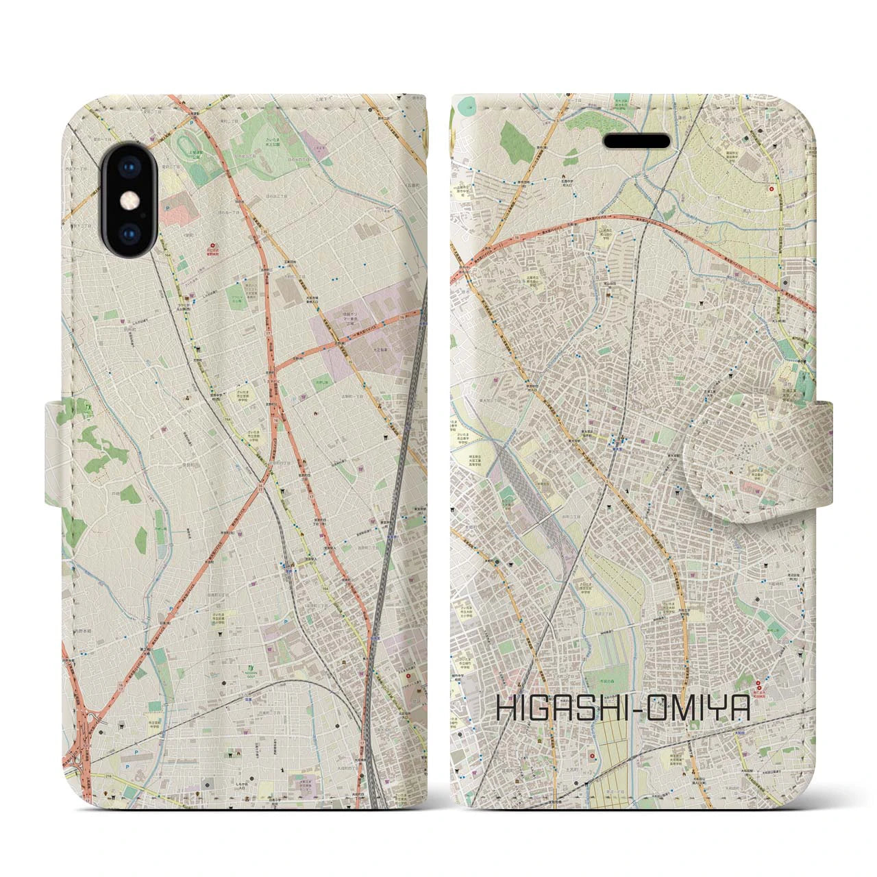 【東大宮(埼玉県)】地図柄iPhoneケース(手帳タイプ)ナチュラル・iPhone XS / X 用