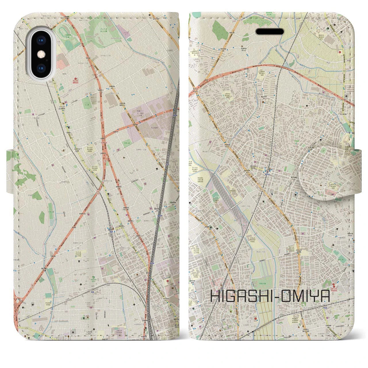 【東大宮(埼玉県)】地図柄iPhoneケース(手帳タイプ)ナチュラル・iPhone XS Max 用