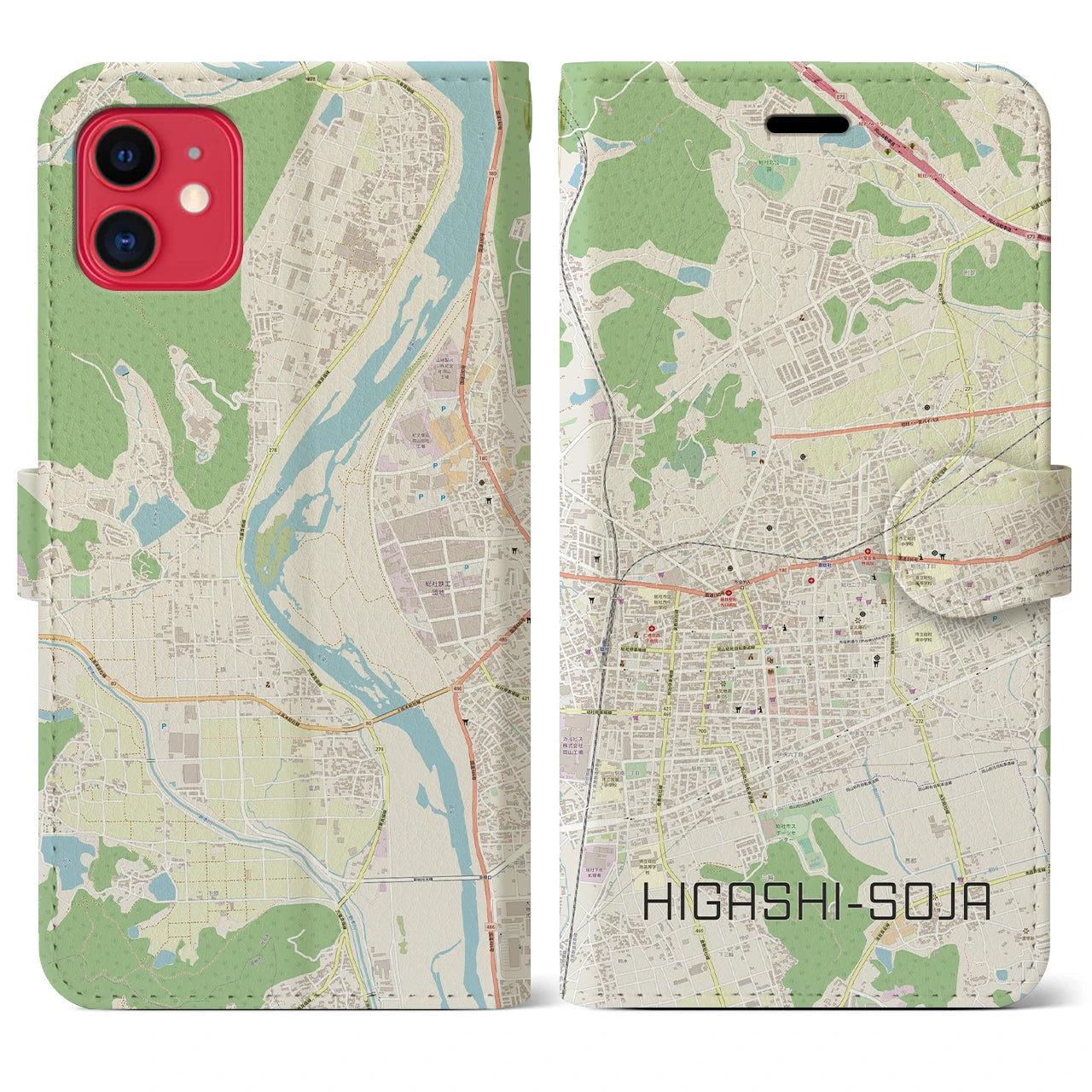 【東総社(岡山県)】地図柄iPhoneケース(手帳タイプ)ナチュラル・iPhone 11 用