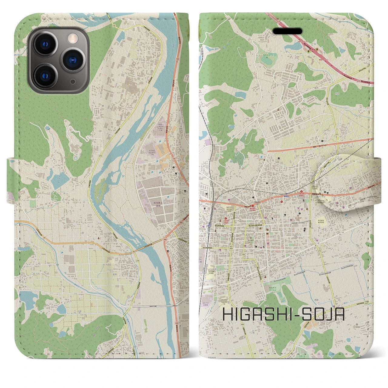 【東総社(岡山県)】地図柄iPhoneケース(手帳タイプ)ナチュラル・iPhone 11 Pro Max 用