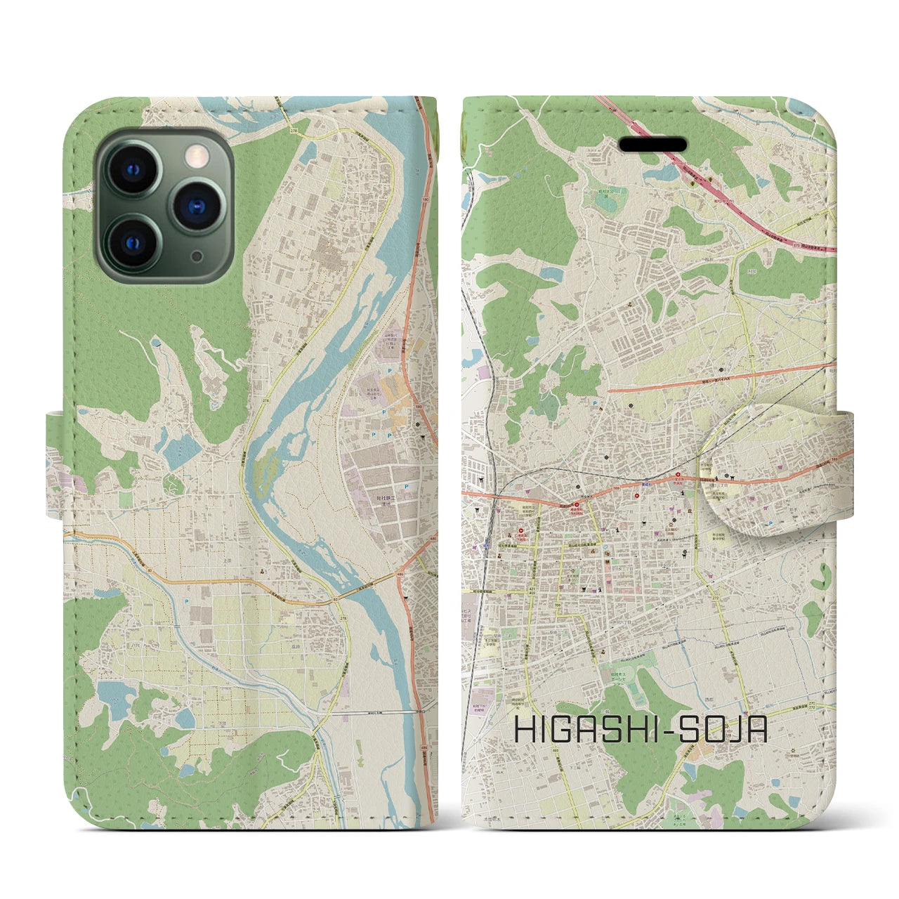 【東総社(岡山県)】地図柄iPhoneケース(手帳タイプ)ナチュラル・iPhone 11 Pro 用