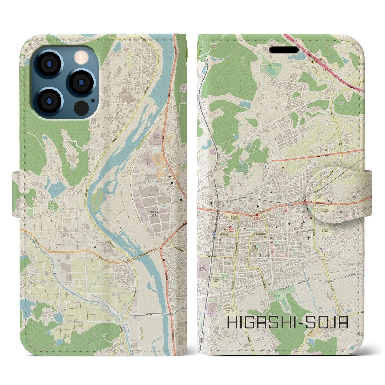 【東総社(岡山県)】地図柄iPhoneケース(手帳タイプ)ナチュラル・iPhone 12 / 12 Pro 用