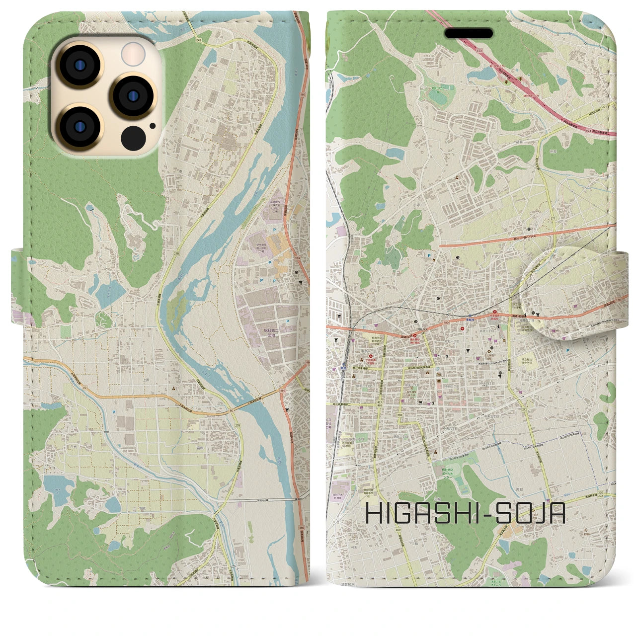 【東総社(岡山県)】地図柄iPhoneケース(手帳タイプ)ナチュラル・iPhone 12 Pro Max 用