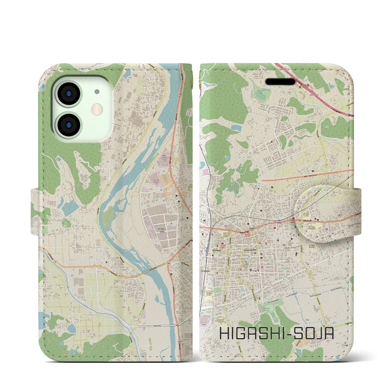 【東総社(岡山県)】地図柄iPhoneケース(手帳タイプ)ナチュラル・iPhone 12 mini 用