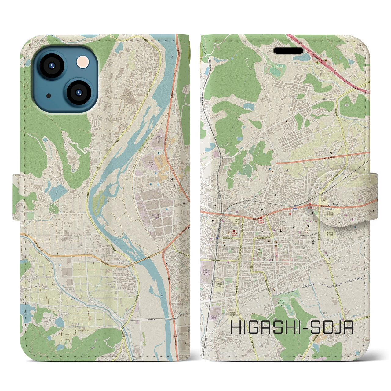 【東総社(岡山県)】地図柄iPhoneケース(手帳タイプ)ナチュラル・iPhone 13 用