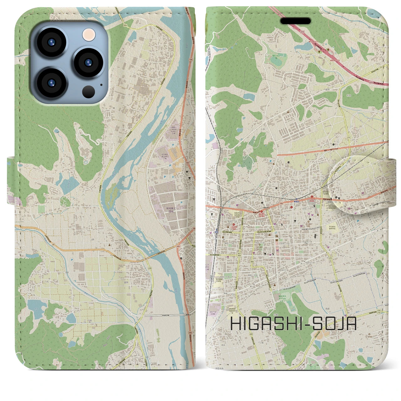【東総社(岡山県)】地図柄iPhoneケース(手帳タイプ)ナチュラル・iPhone 13 Pro Max 用