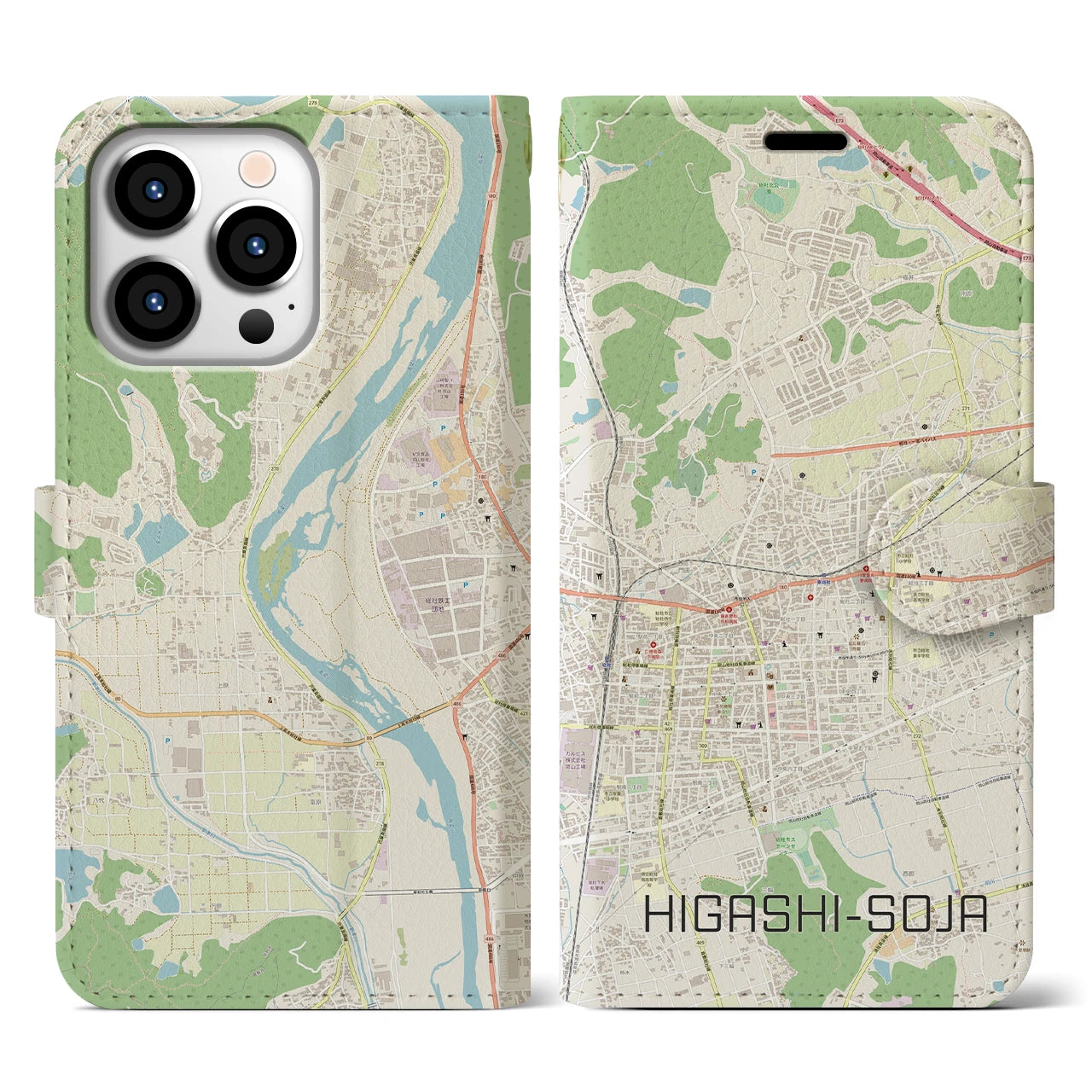 【東総社(岡山県)】地図柄iPhoneケース(手帳タイプ)ナチュラル・iPhone 13 Pro 用
