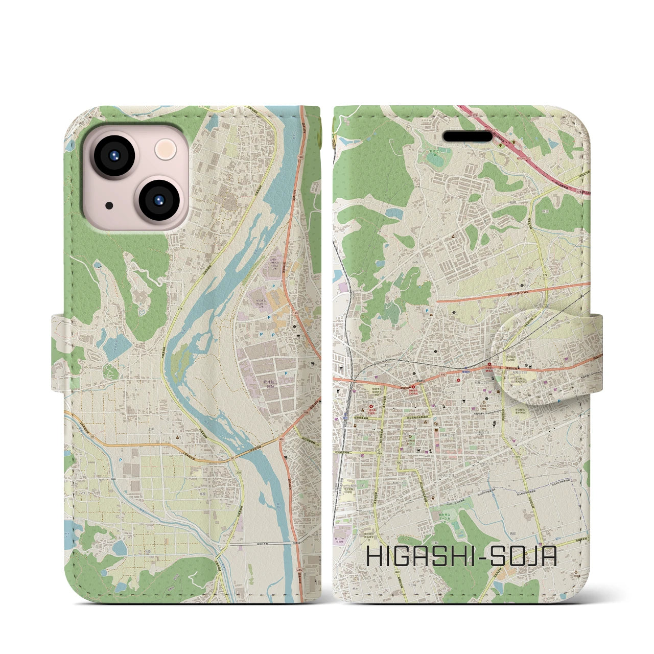 【東総社(岡山県)】地図柄iPhoneケース(手帳タイプ)ナチュラル・iPhone 13 mini 用