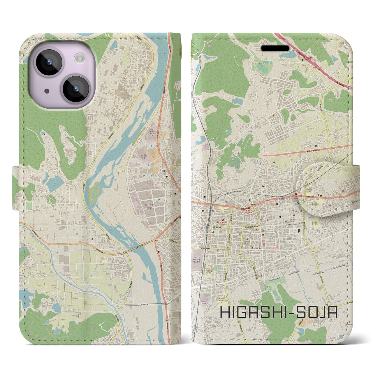 【東総社(岡山県)】地図柄iPhoneケース(手帳タイプ)ナチュラル・iPhone 14 用