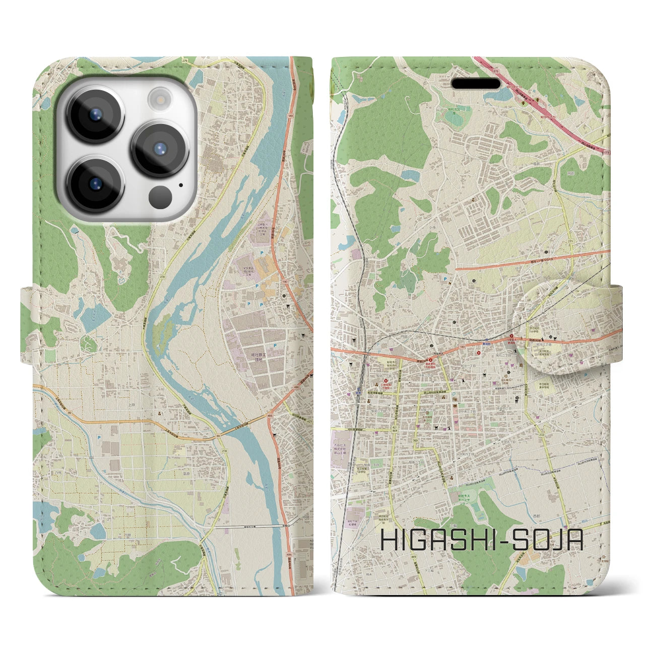 【東総社(岡山県)】地図柄iPhoneケース(手帳タイプ)ナチュラル・iPhone 14 Pro 用