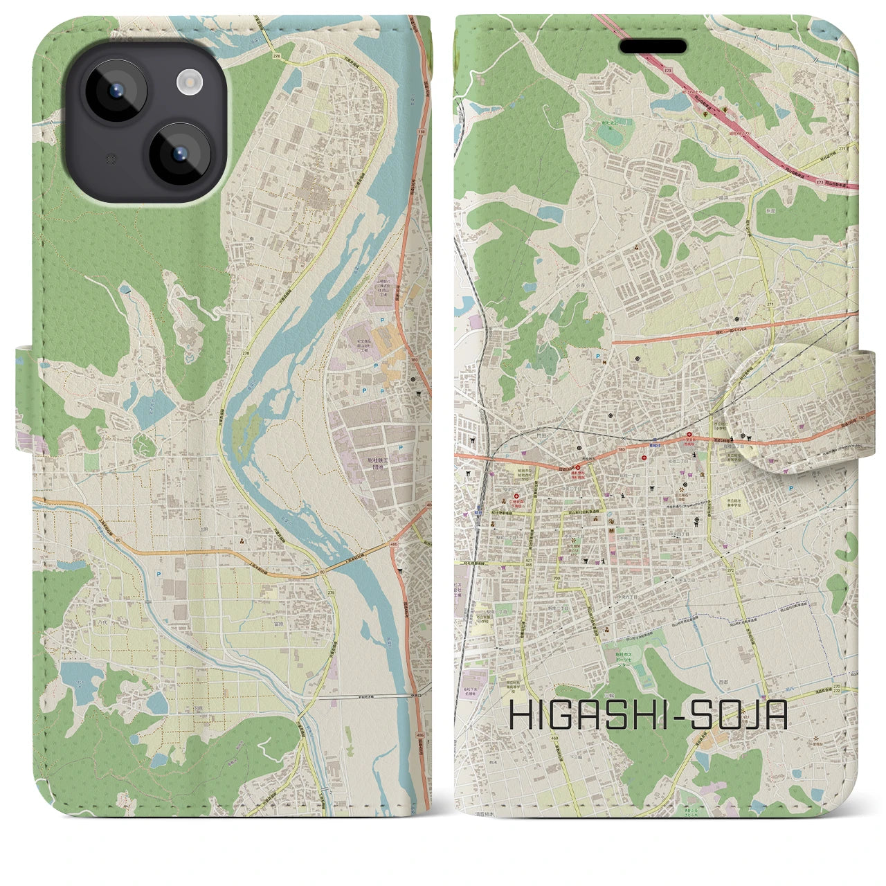 【東総社(岡山県)】地図柄iPhoneケース(手帳タイプ)ナチュラル・iPhone 14 Plus 用