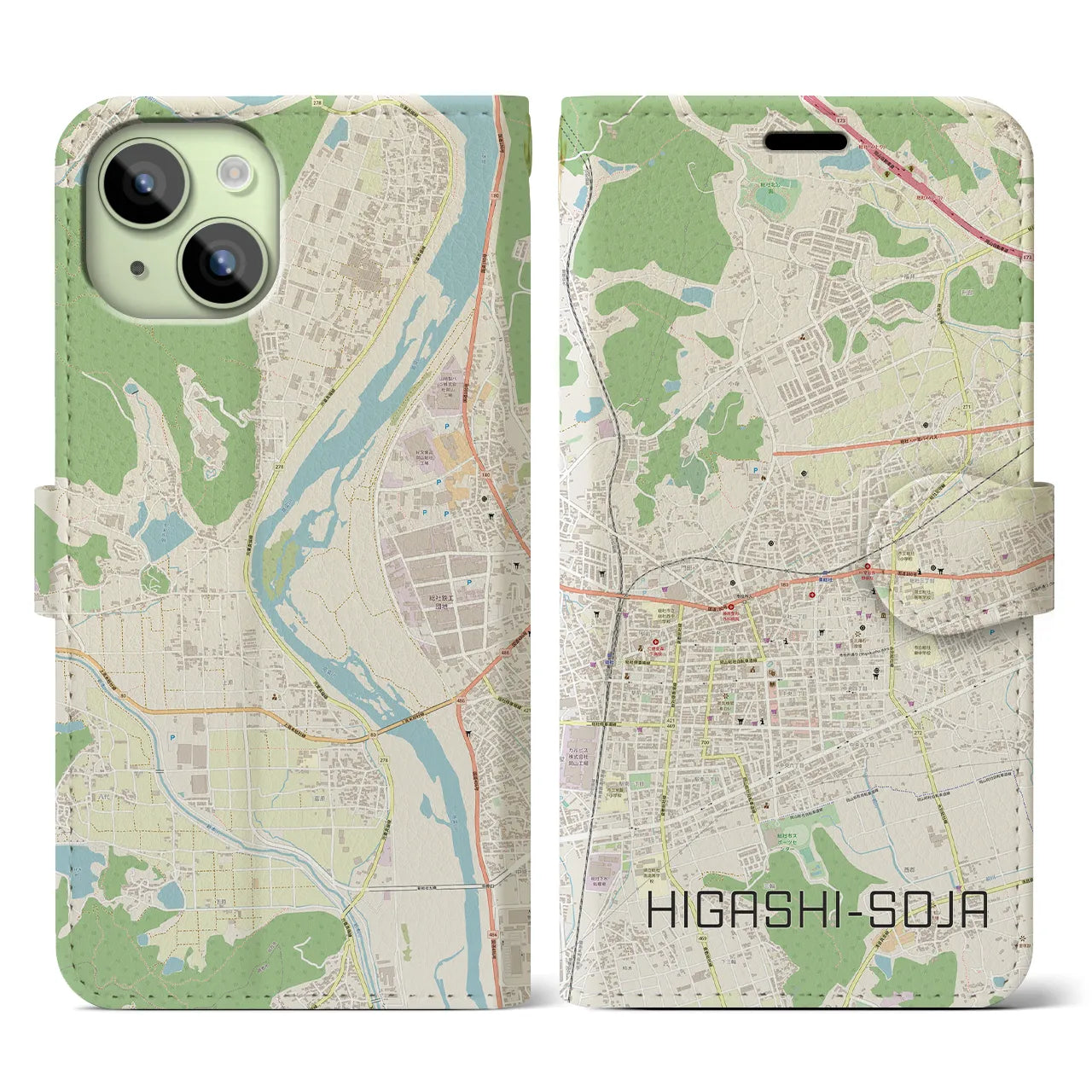 【東総社(岡山県)】地図柄iPhoneケース(手帳タイプ)ナチュラル・iPhone 15 用