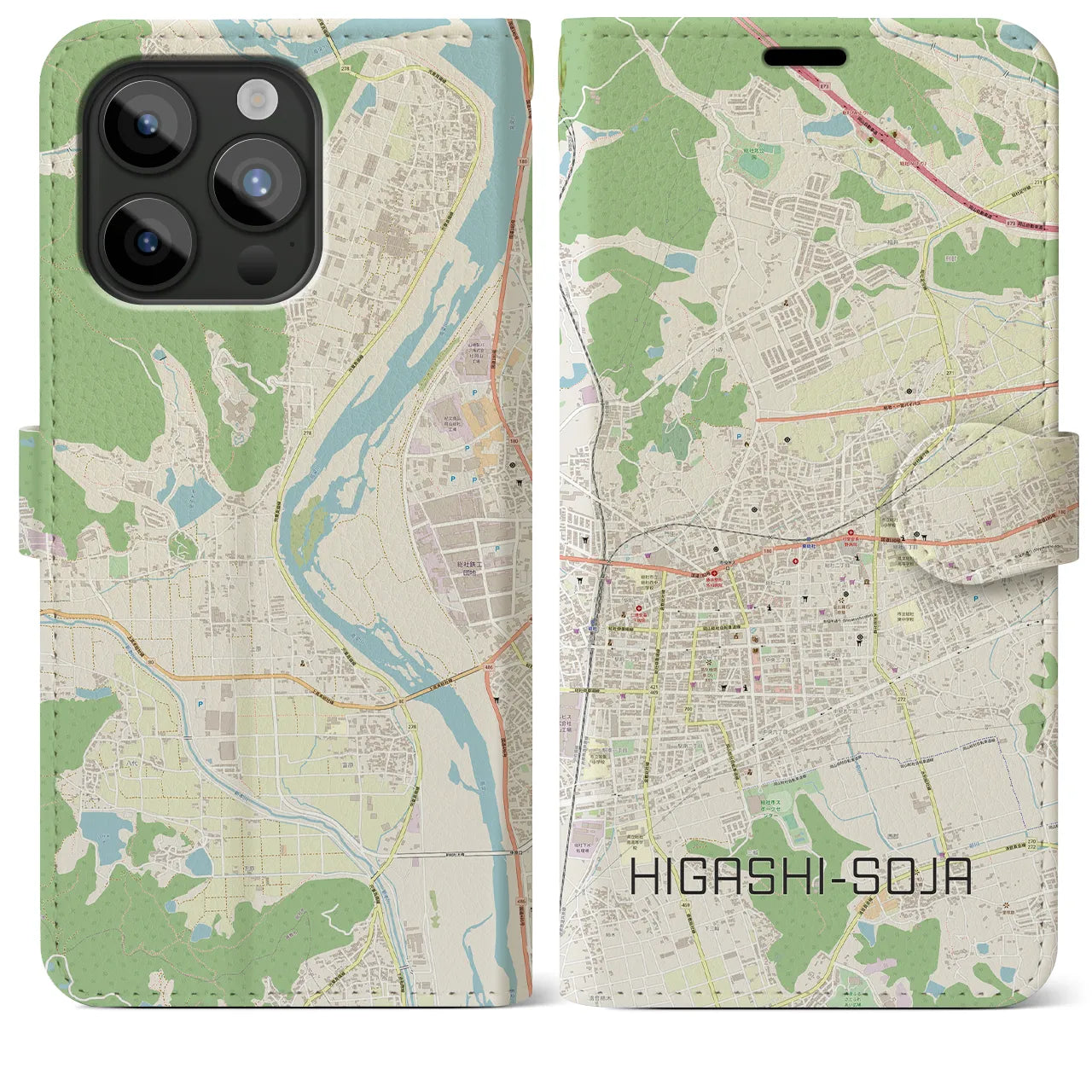 【東総社(岡山県)】地図柄iPhoneケース(手帳タイプ)ナチュラル・iPhone 15 Pro Max 用