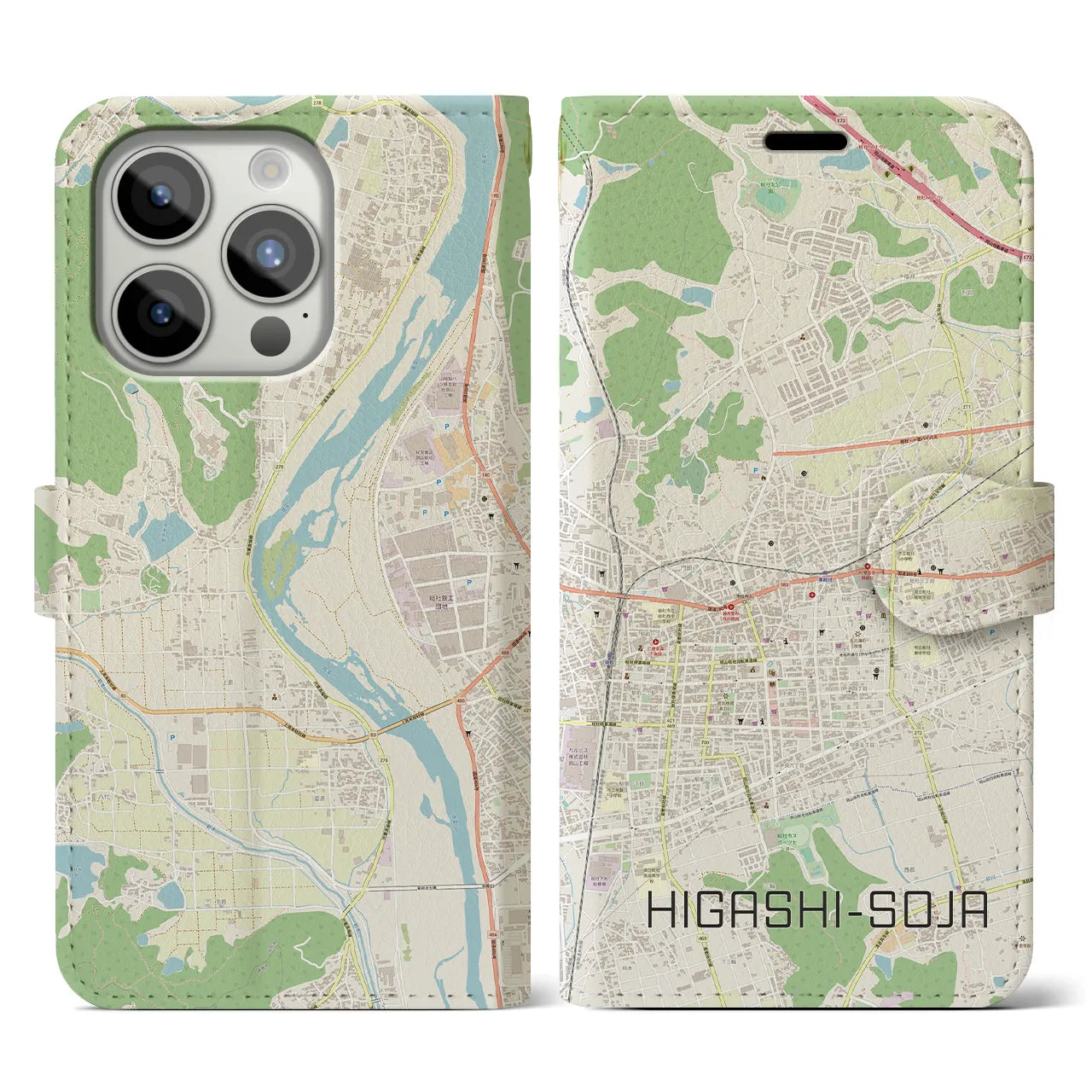 【東総社(岡山県)】地図柄iPhoneケース(手帳タイプ)ナチュラル・iPhone 15 Pro 用