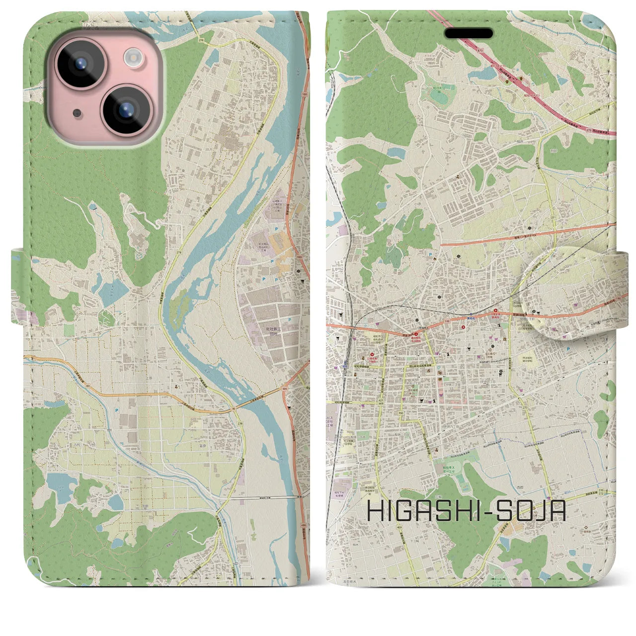 【東総社(岡山県)】地図柄iPhoneケース(手帳タイプ)ナチュラル・iPhone 15 Plus 用