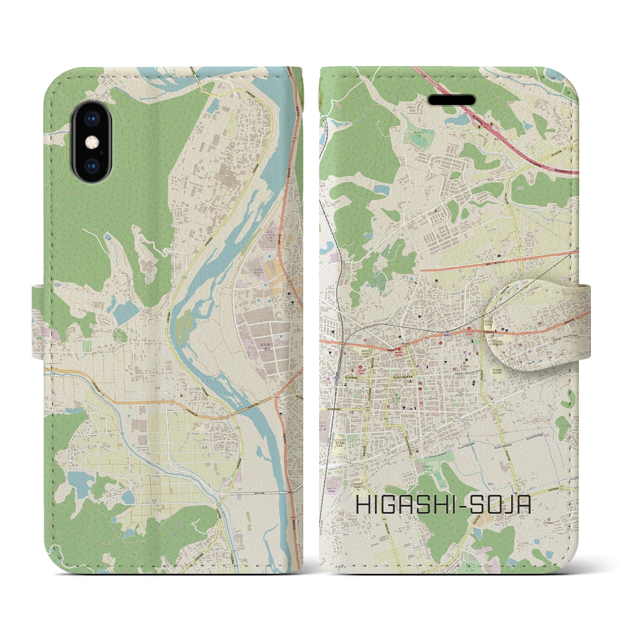 【東総社(岡山県)】地図柄iPhoneケース(手帳タイプ)ナチュラル・iPhone XS / X 用