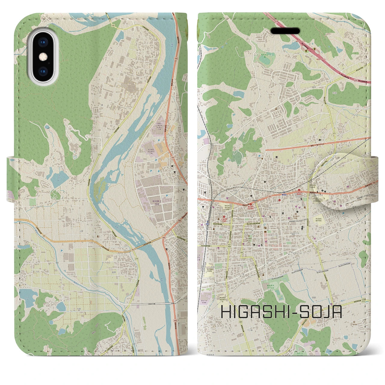 【東総社(岡山県)】地図柄iPhoneケース(手帳タイプ)ナチュラル・iPhone XS Max 用