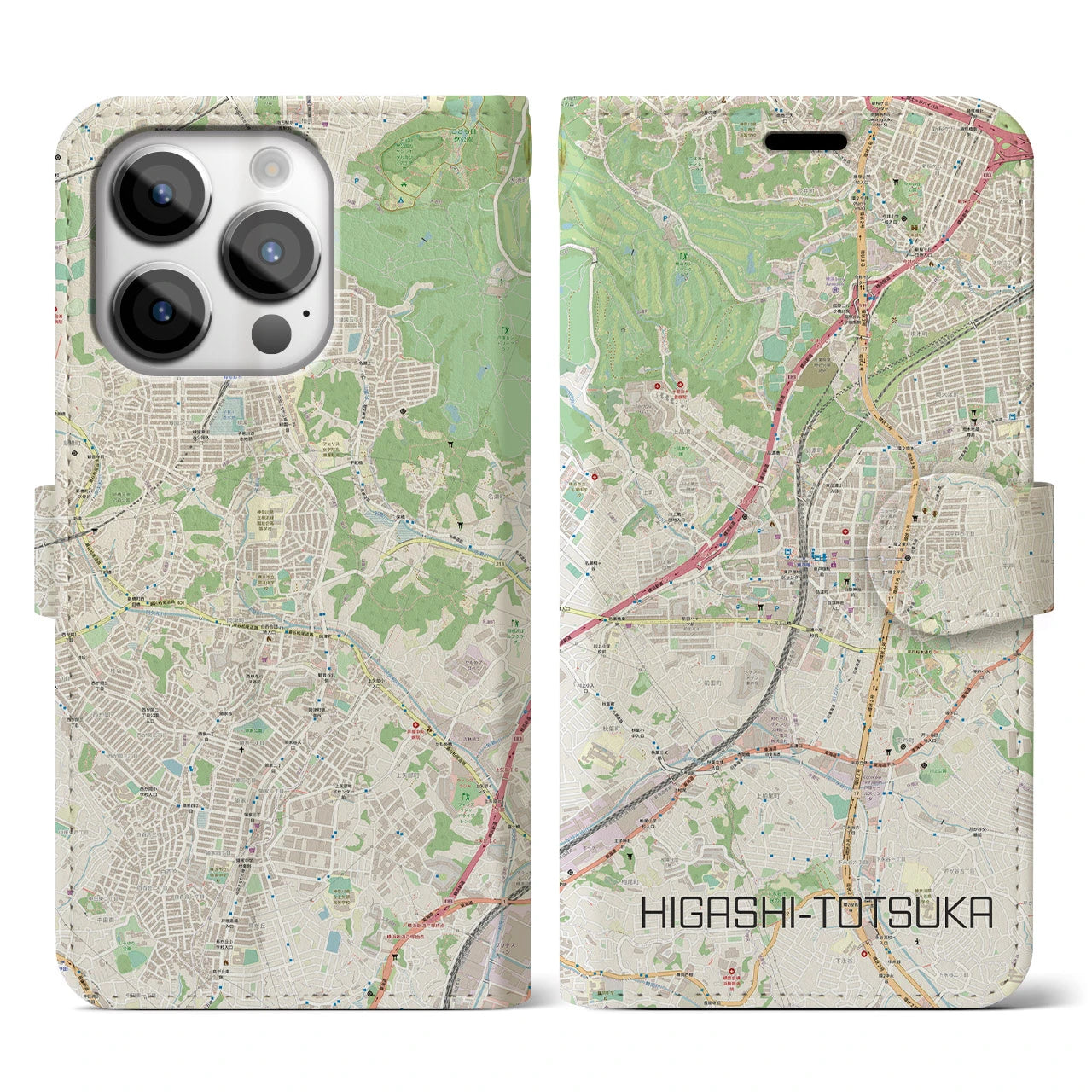 【東戸塚(神奈川県)】地図柄iPhoneケース(手帳タイプ)ナチュラル・iPhone 14 Pro 用
