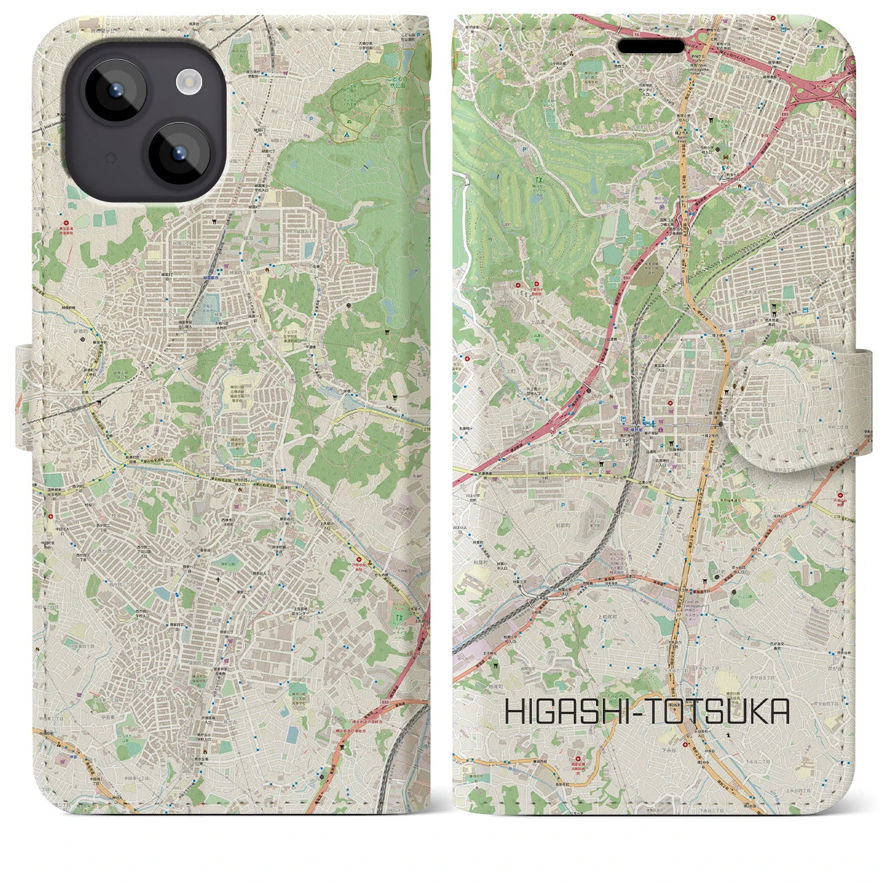 【東戸塚(神奈川県)】地図柄iPhoneケース(手帳タイプ)ナチュラル・iPhone 14 Plus 用