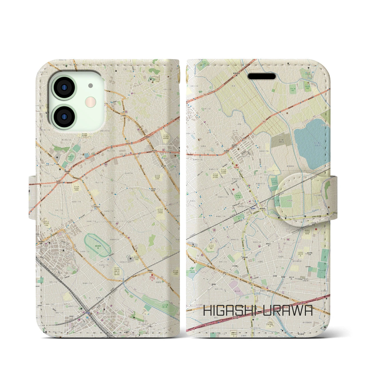 【東浦和(埼玉県)】地図柄iPhoneケース(手帳タイプ)ナチュラル・iPhone 12 mini 用